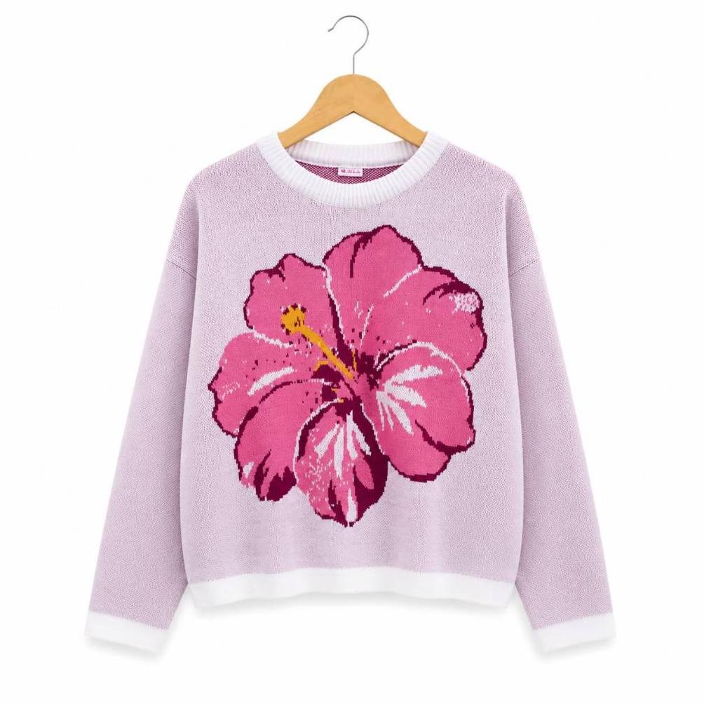 Sweater Rajut Wanita Motif Bunga / Atasan Rajut Floral Premium Oversize Aesthetic