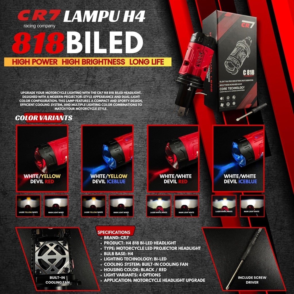 Lampu Utama H4 BILED BI LASER PRO 2 LENSA LASER BILED H4 CR7 818 Dengan Kipas Pendingin Universal Mo