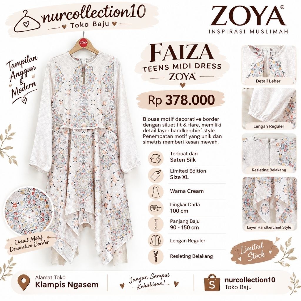 Zoya Faiza Midi Dress - Atasan Tunik motif Muslim Wanita putih