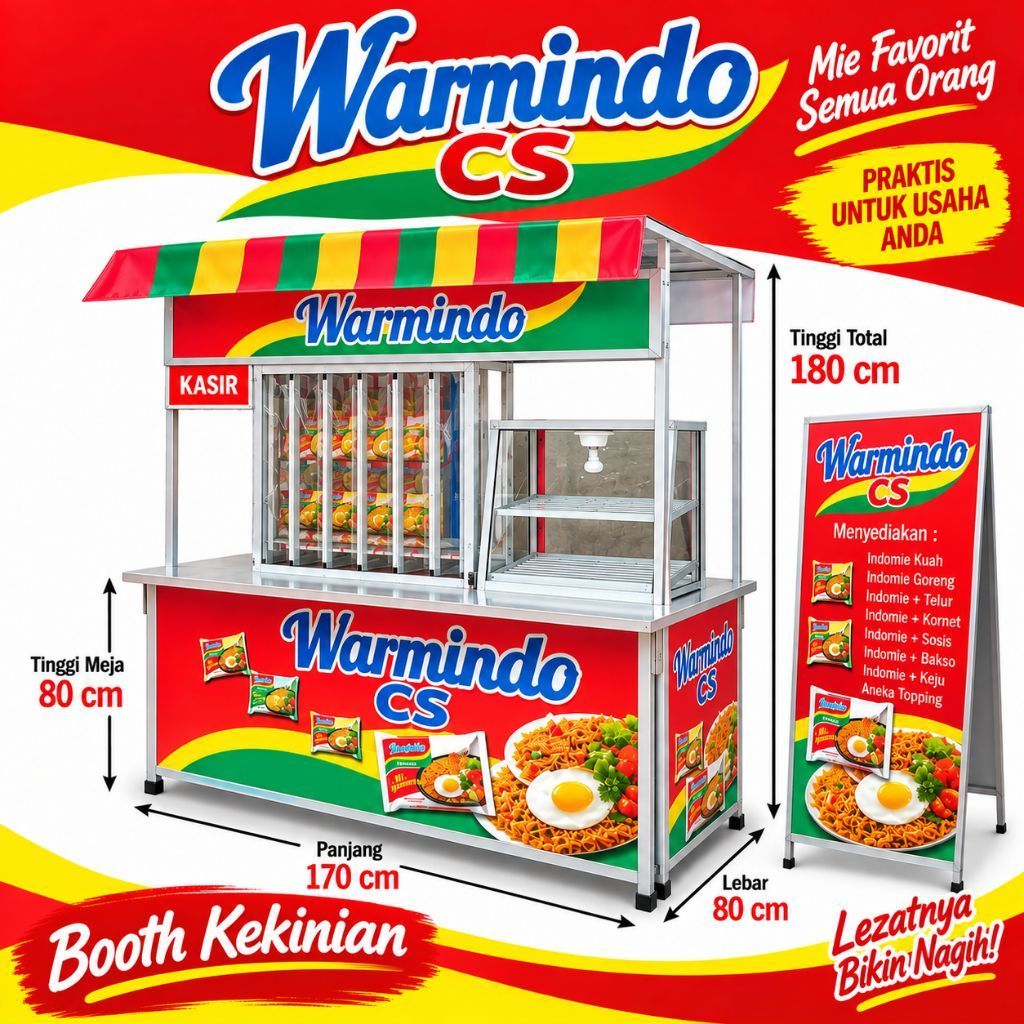 Booth Portable Warmindo Jumbo Kombinasi + Etalase + Benner