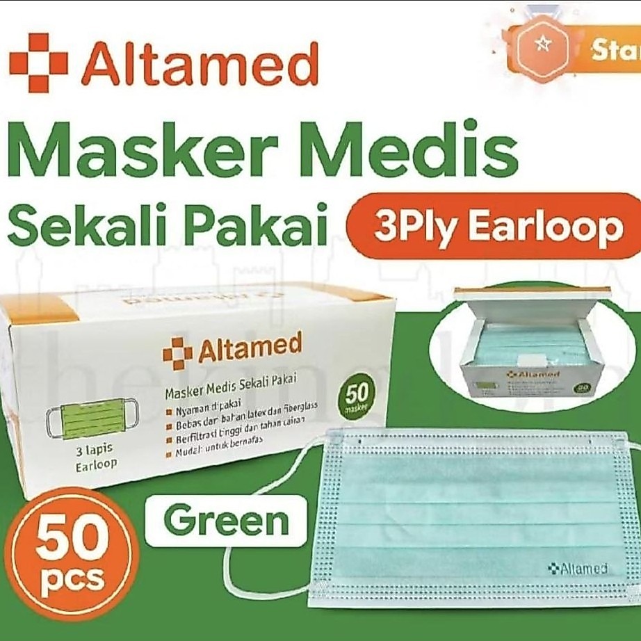Masker 3ply Altamed / Masker earloop medis Altamed box isi 50pc / Masker Altamed warna hijau 3ply