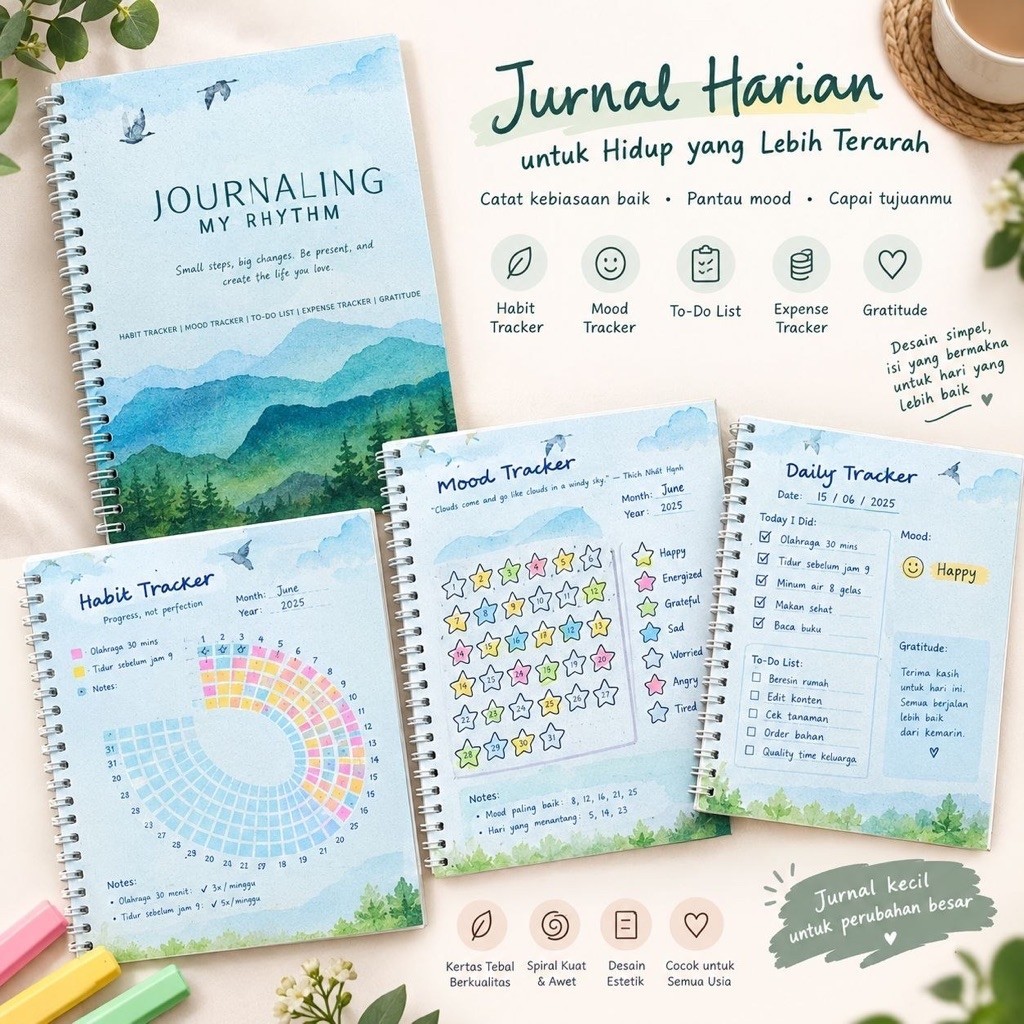Jurnal Harian Aesthetic | Daily Journal Planner | Habit, Mood, To-Do, Expense & Gratitude Tracker Da