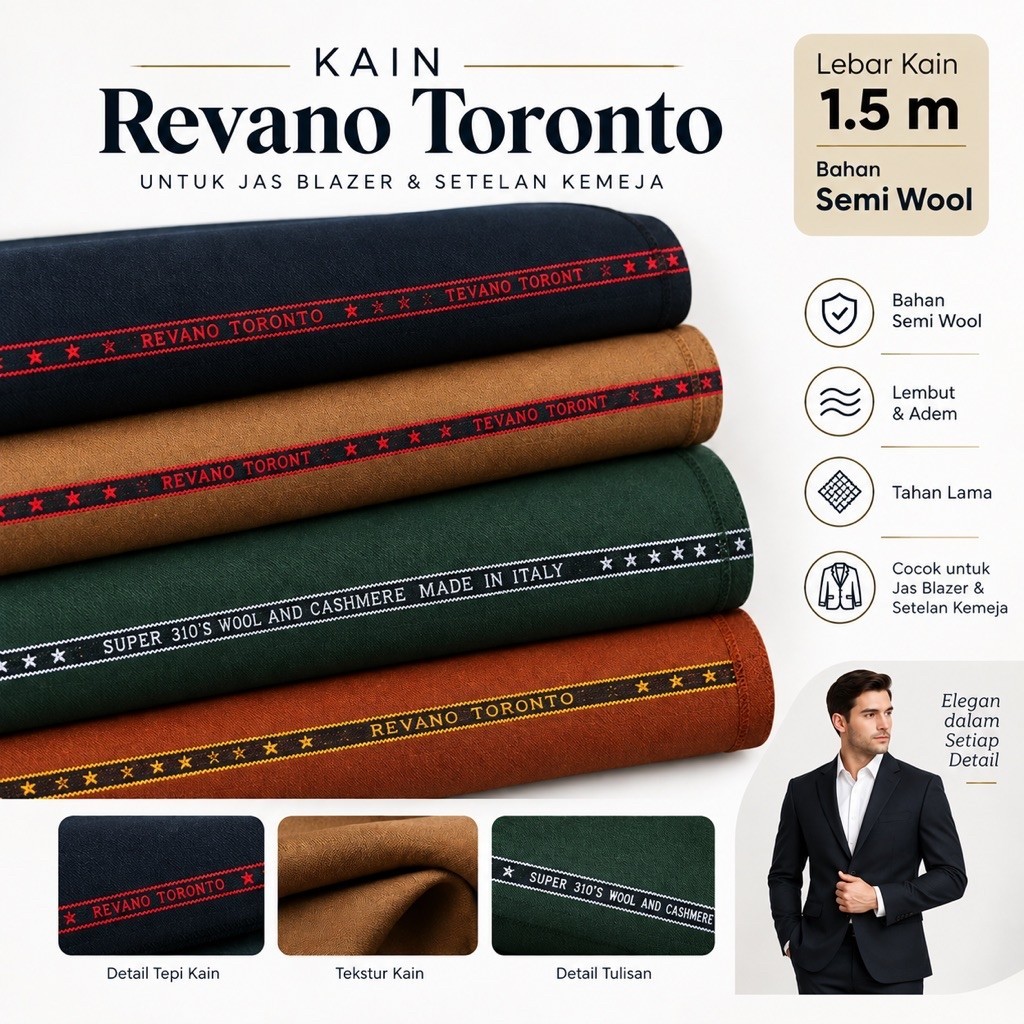 Kain Semi Wool Toronto Revano - Bahan Semi Wool Berserat Adem Untuk Setelan Jas Baju Lebar 1.5 Meter