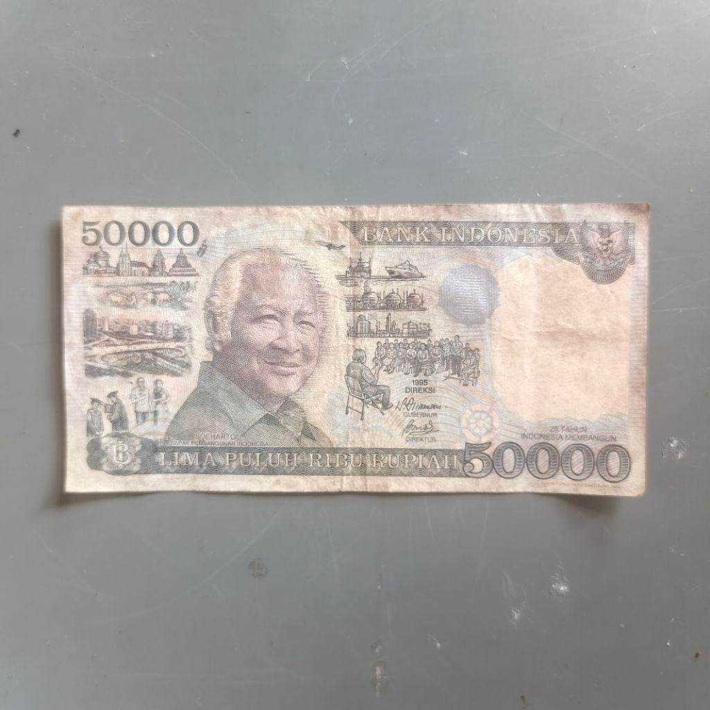 Jelek 50.000 Rupiah Suharto mesem Asli Tahun 1993 1995 Rp 50000 presiden Soeharto pesawat 25 tahun I
