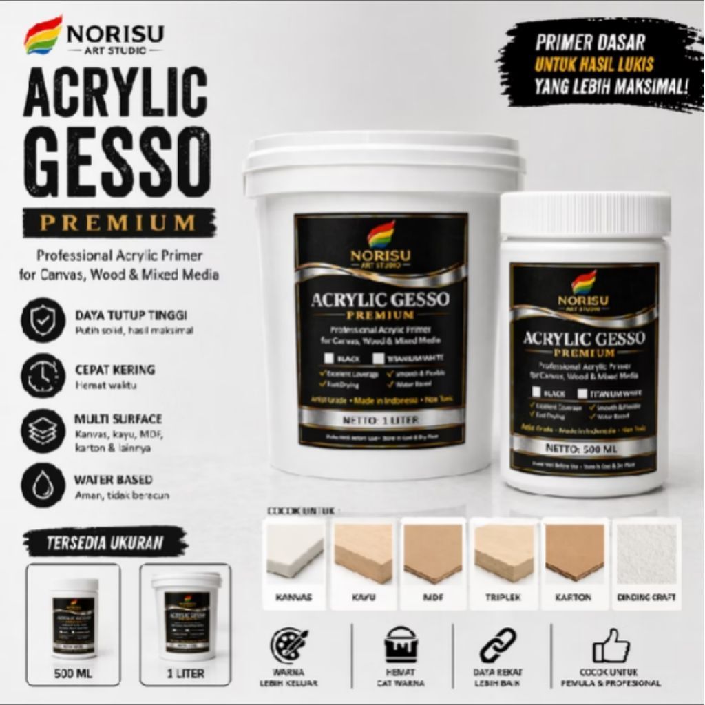 Norisu Gesso Primer Kanvas Waterbased | Acrylic Gesso | Dasar Cat Lukis