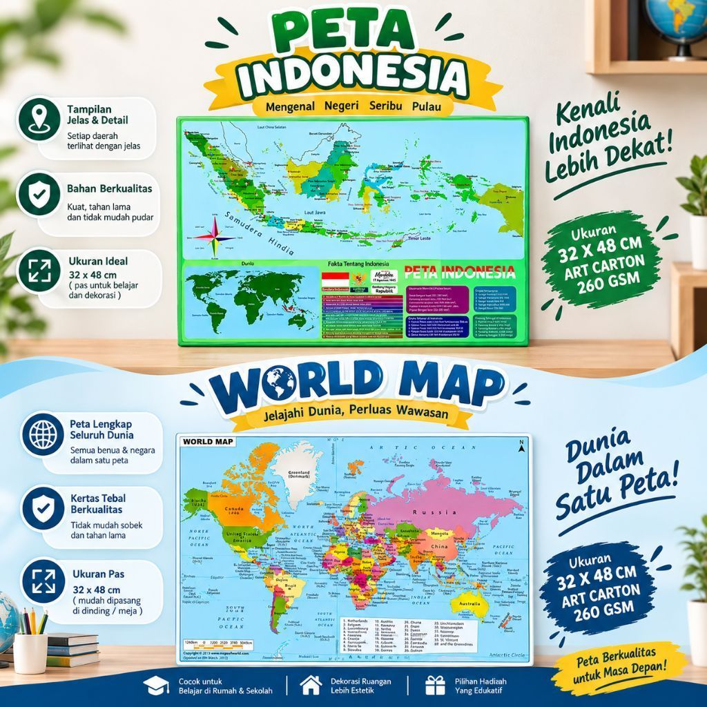 Poster Peta Dunia Peta Indonesia Edukasi Anak A3+ dengan Kualitas Gambar Tajam