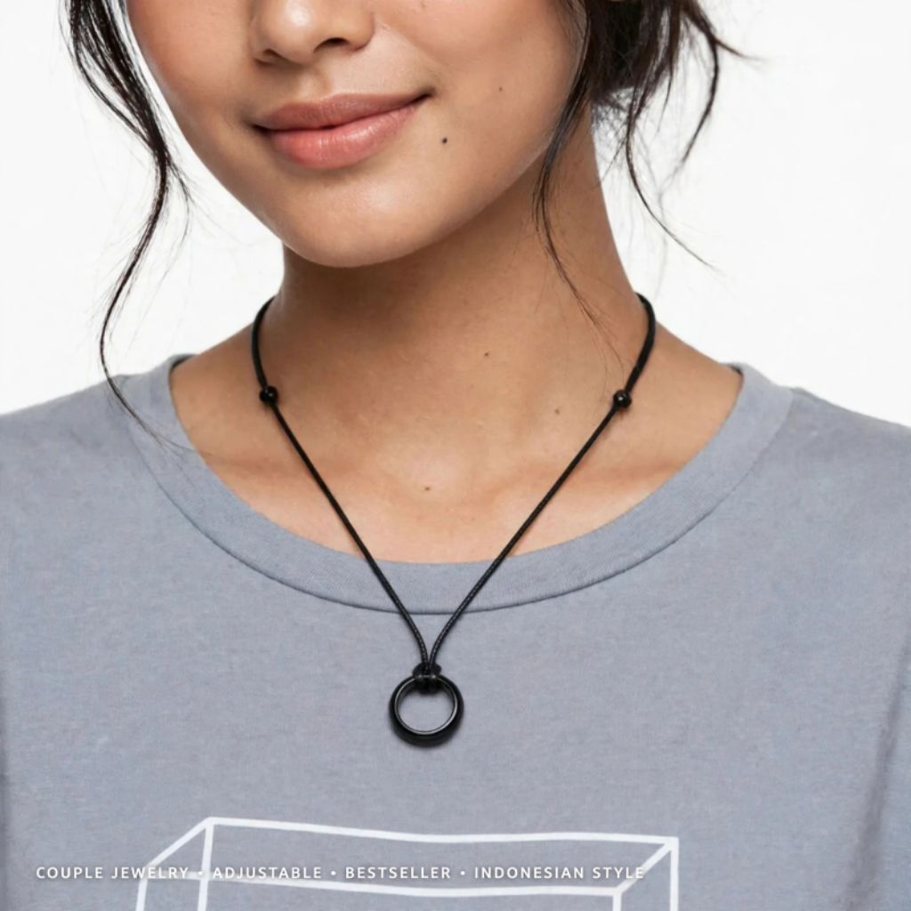 kalung tali hitam bandul cincin titanium