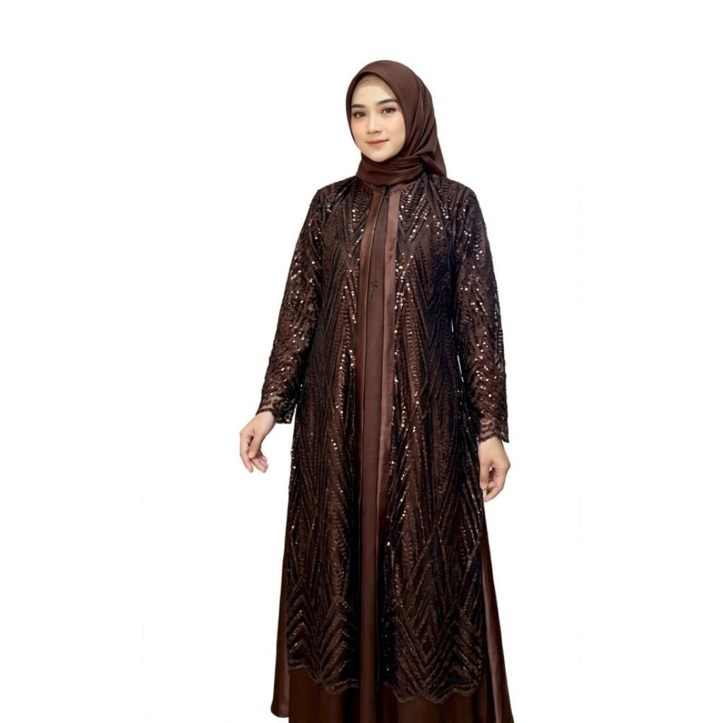 Gamis Pesta Coklat Tua Payet Zigzag Outer Tile Premium - Dress Kondangan Mewah