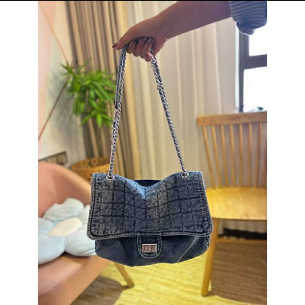 TAS WANITA CEWEK JEANS DENIM SHOULDER BAG SELEMPANG TALI RANTAI