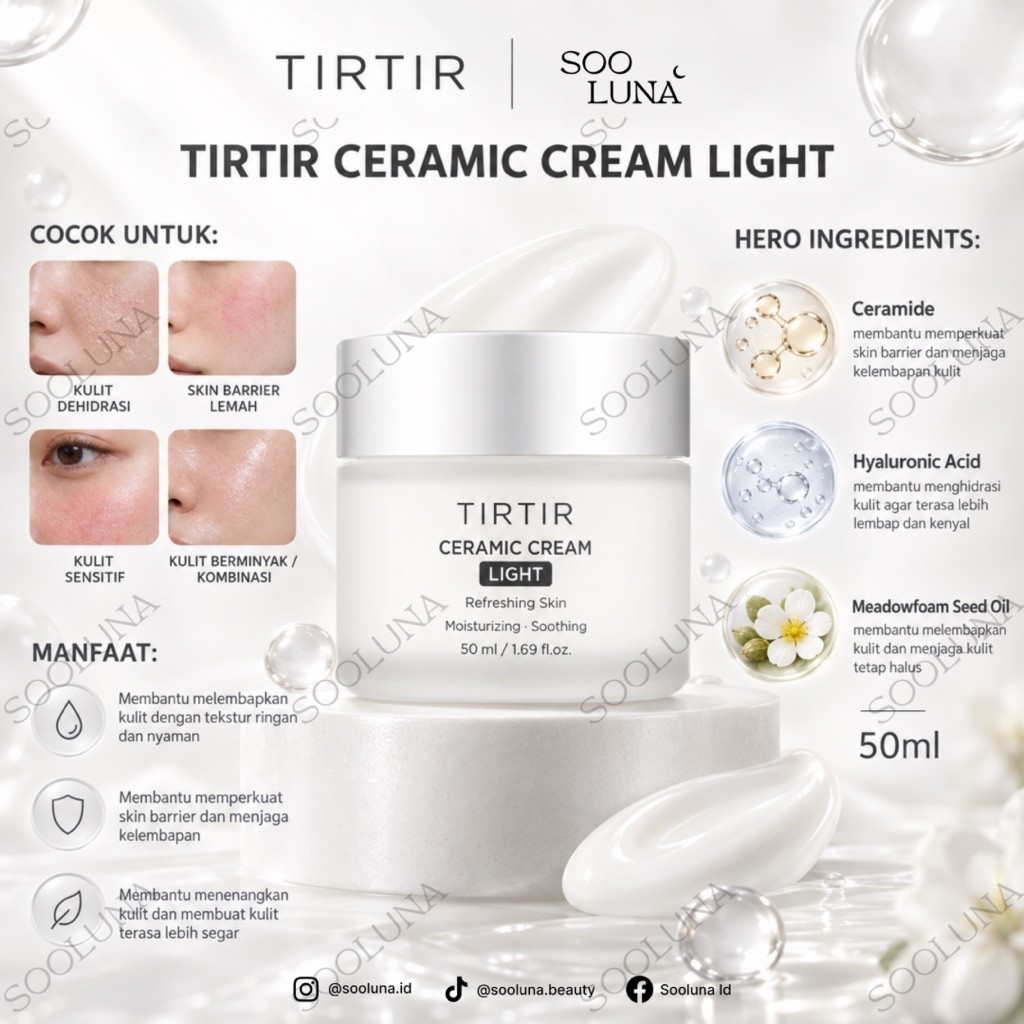 TIRTIR Ceramic Cream Light 50ml Moisturizing Soothing untuk Kulit Dehidrasi Sensitif