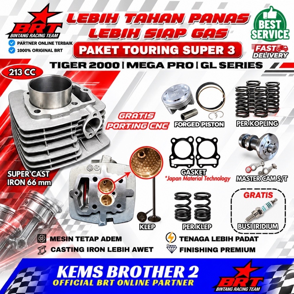 PAKET BORE UP BRT TIGER TOURING SUPER 3 TIGER 2000/MEGA PRO/GL SERIES ORIGINAL BRT (Head, blok casti