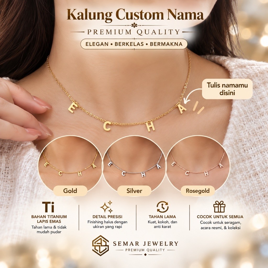 Kalung Request Nama Titanium Lapis Emas Huruf Inisal Pisah Free Namaa