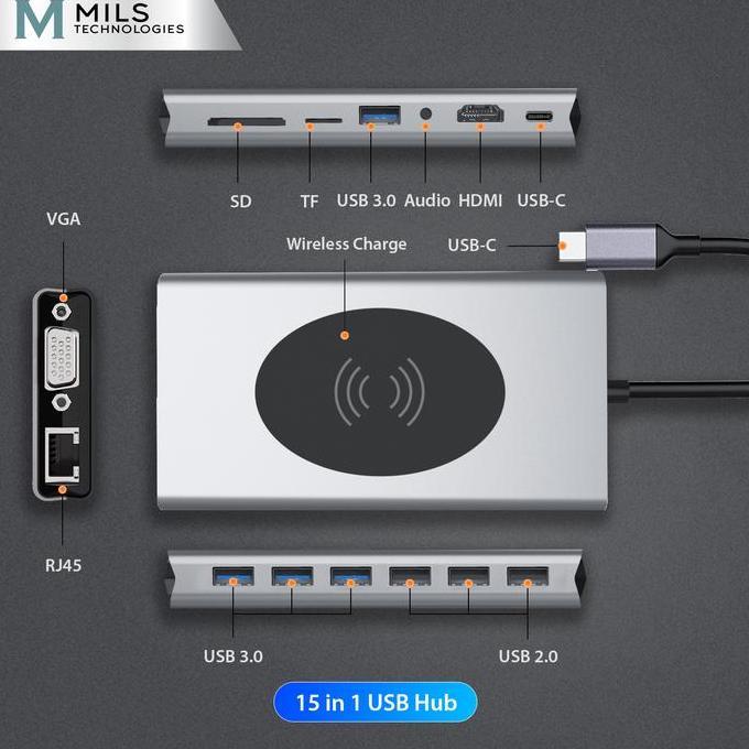MILS 15 in 1 USB Type C Hub USB 3.0 Micro SD RJ45 HDMI Wireless Charge - CHUB15