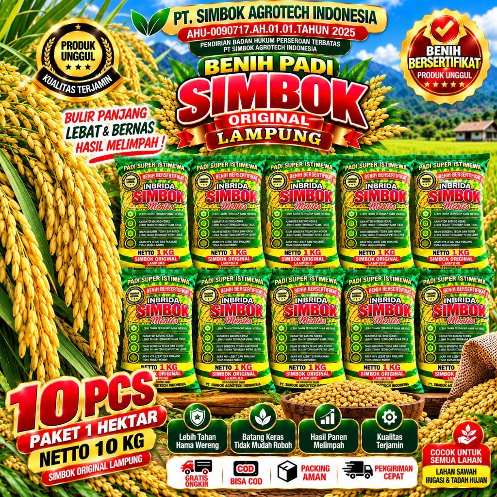 (10KG) 10 PCS Benih Padi SIMBOK Mentes Original Lampung 10 KG – Benih Padi Inbrida Bersertifikat Bib