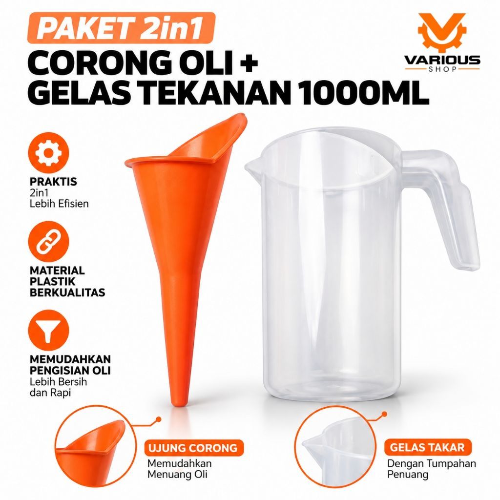 Paket 2in1 Corong Oli + Gelas Takaran 1000ml corong panjang bahan tebal gelas takar 1000ml