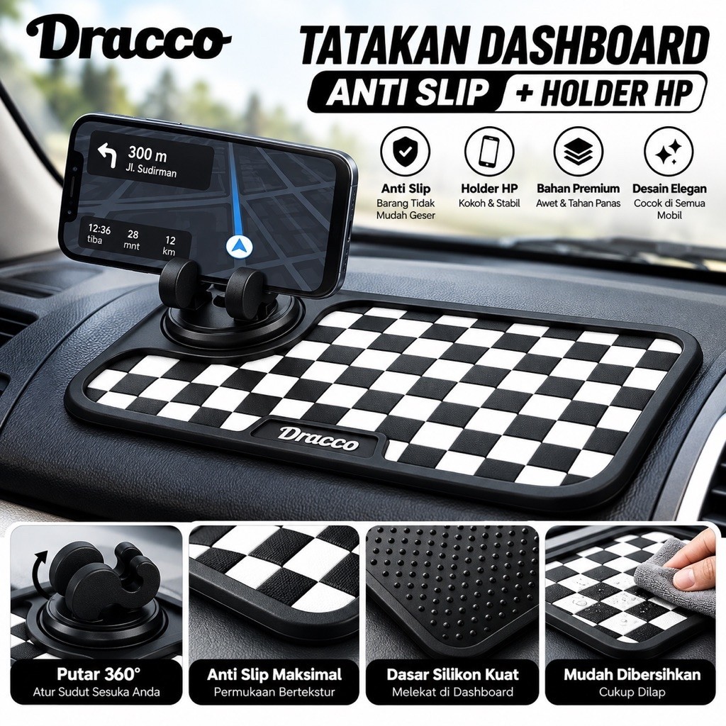 DRACCO tatakan dashboard anti slip holder HP mobil hitam putih premium aksesoris mobil