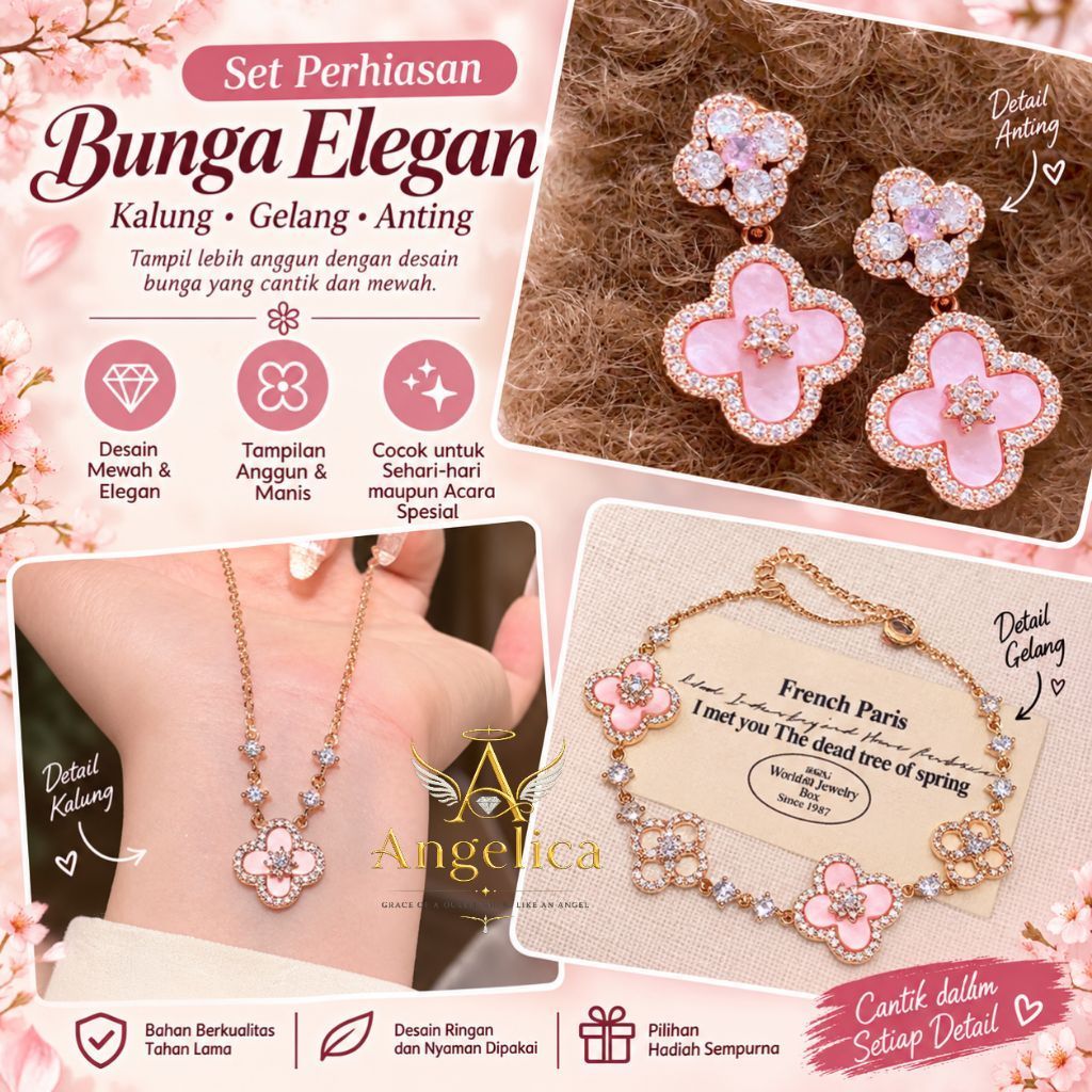 Set Perhiasan Wanita Clover Pink Anti Karat | Kalung Gelang Anting Bunga Semanggi Elegan Van Cleef &