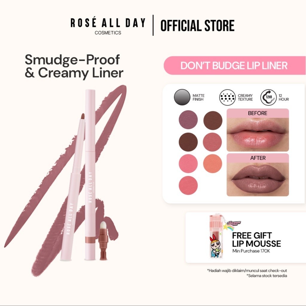 Rose All Day Don’t Budge Lip Liner | Lip Liner Tahan Lama, Anti Geser, Matte Finish, Pigmented & Easy Blend