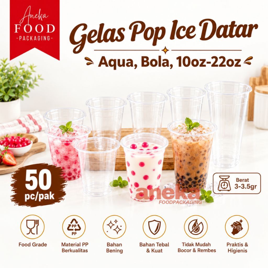 50pc- Gelas plastik aqua & gelas bola-bola PP tutup DATAR cup boba es 10oz, 12oz, 14oz, 16oz SLIM 18