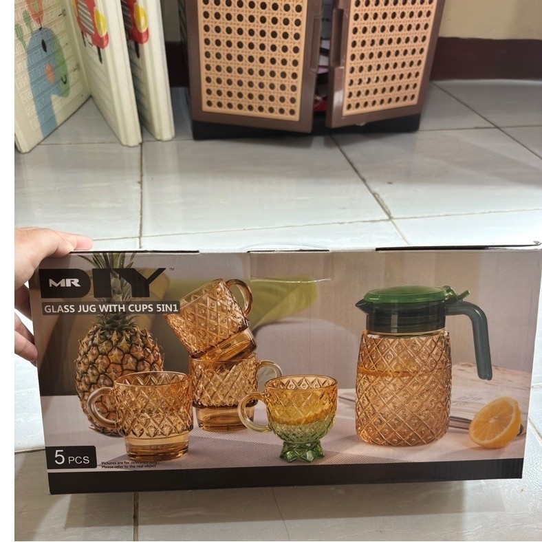 MR DIY Glass Jug 5in1 Teko Gelas Motif Nanas 1100ml 200ml 270ml Kaca Aesthetic