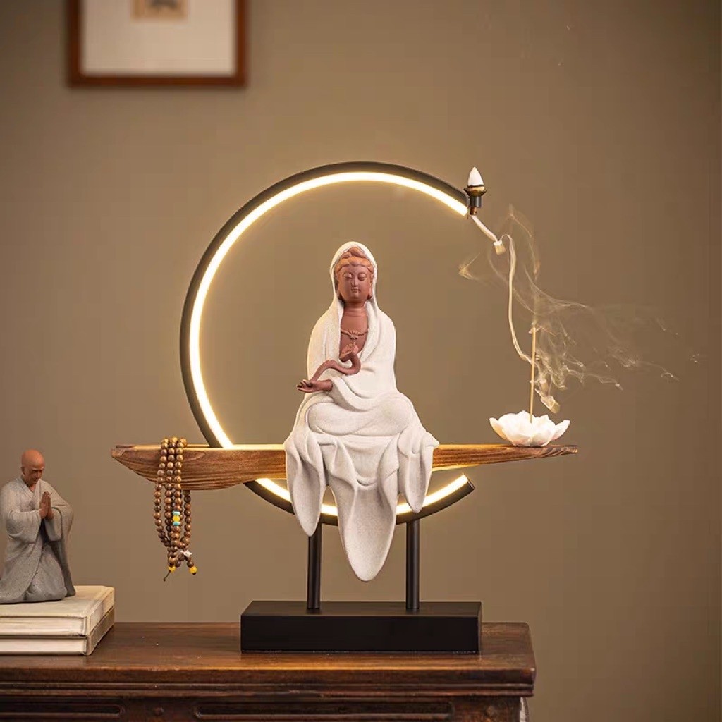 Tempat Dupa Guanyin Bodhisattva Patung Keramik Pembakar dupa