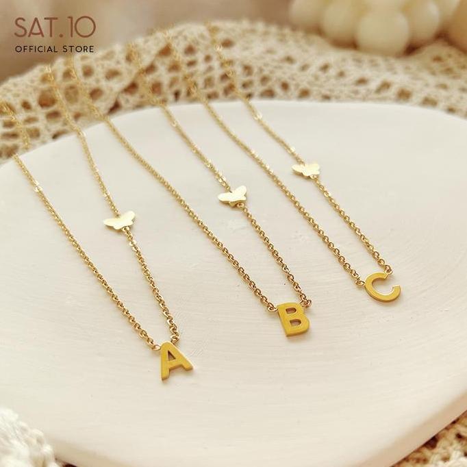 Ryu- Sat.10 Kalung Rantai Liontin Kupu-Kupu Dan 26 Huruf Rna Emas Gold Dan Rose Gold Titanium Stainl