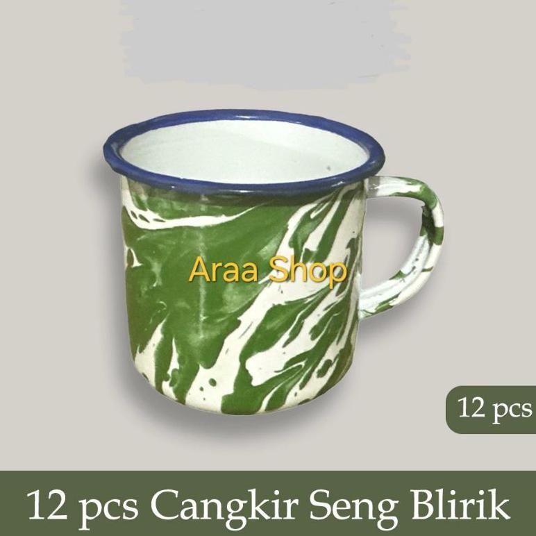 TB ESSENTIALS 12pcs Cangkir Enamel Blirik Hijau 7cm 1 Lusin 1Lusin Mug Porselen Gelas Kaleng Porcela