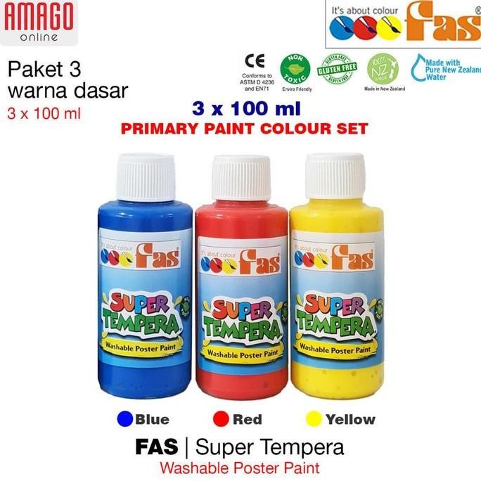 

FAS Super Tempera Primary Colour Set - Cat Lukis Sekolah - Paket 3 Warna dasar Yellow Blue Red 3x100 ml