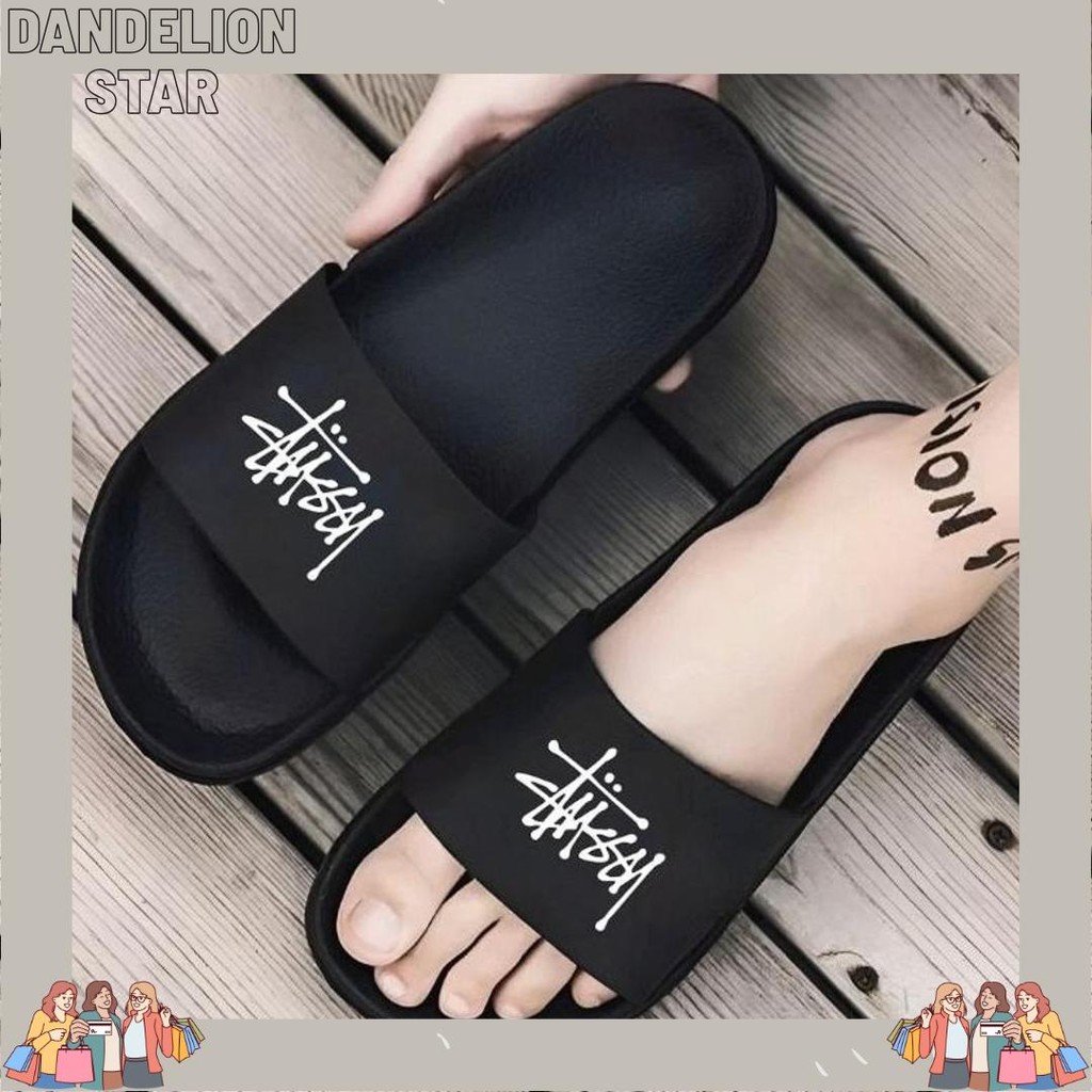 Sandal Sport Slip On Casual Slipper Polos Hitam Motif - Sendal Slide Fipper Sporty Pria Wanita - San