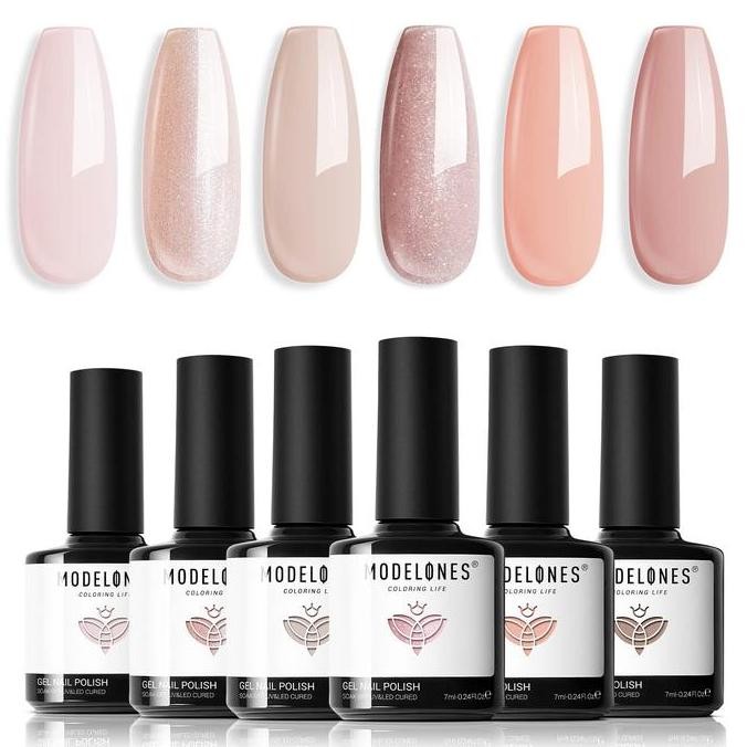Modelones Set Cat Kuku Gel, Nude 6 Warna Cat Kuku Gel Netral Warna Kulit Kasmir Merah Muda Glitter C