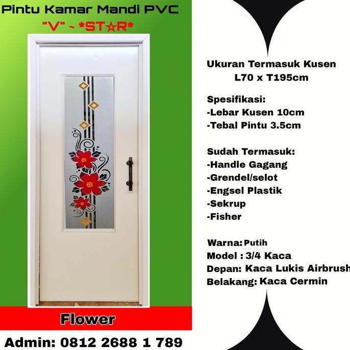 TERMURAH - Pintu Kamar Mandi PVC Tebal-V S-Luar Kaca Lukis Tengah-Dalam Cermin-Flower-Putih