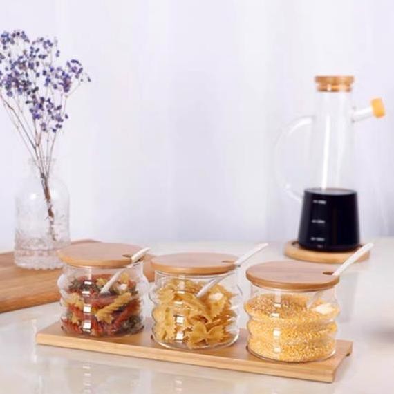 

Zentoples Bumbu Kaca Kayu Rak Bumbu Sendok Kayu Tempat Penyimpanan