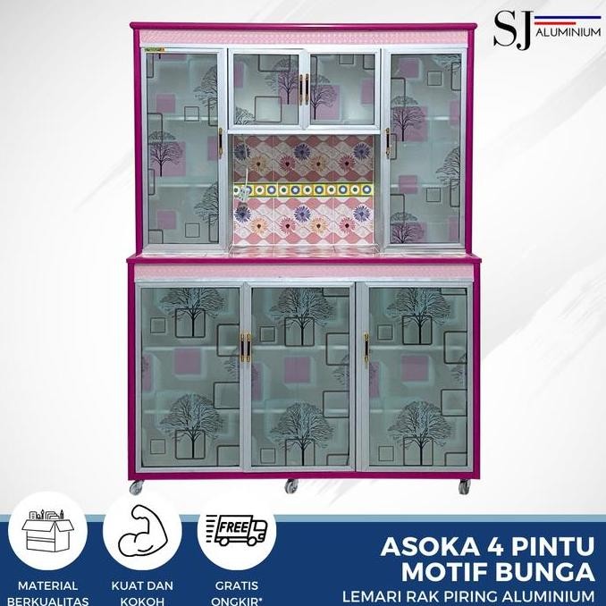 Rak Piring Lemari Dapur Kaca Aluminium - Asoka 4 Pintu Motif Bunga