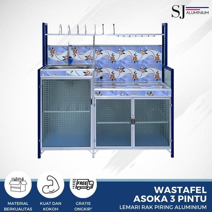 Rak Piring Lemari Dapur Kaca Aluminium - Wastafel Asoka 3 Pintu