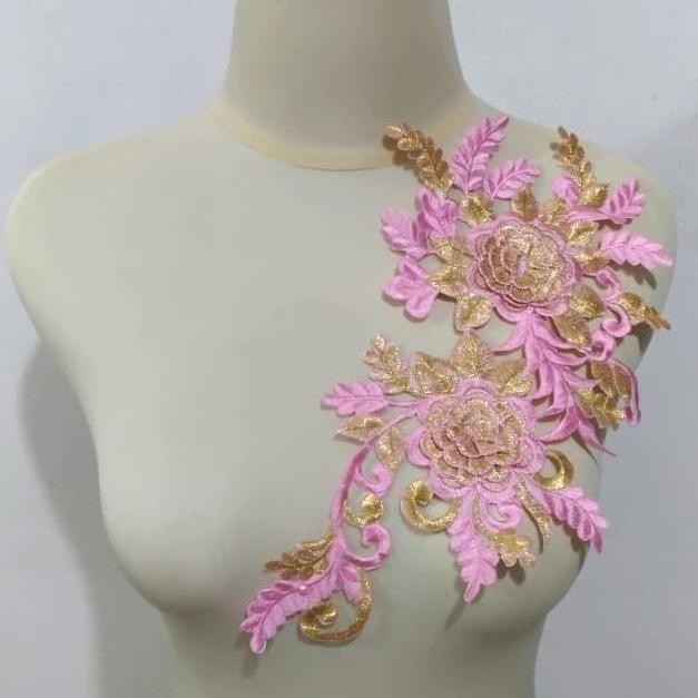 

\\\\\] Renda Aplikasi Bordir Bunga 2 Warna (Pink-Emas)