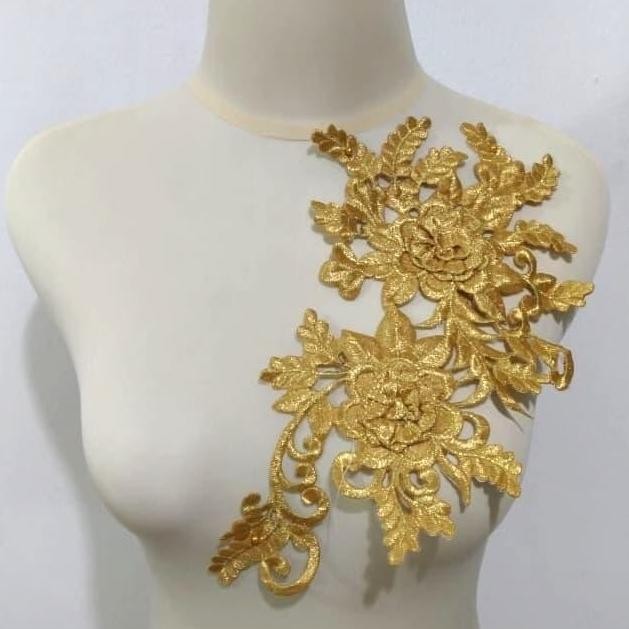 %$%$%$%$] Renda Aplikasi Bordir Bunga Warna Emas