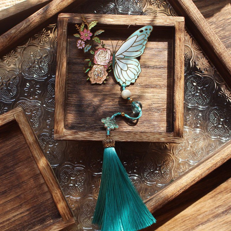 

Four Colorful Butterfly and Flower Metal Brass Tassel Bookmarks