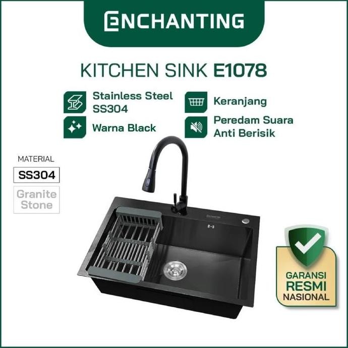 ENCHANTING Kitchen Sink Stainless Steel SS 304 1 Bowl Black 60x45 | Bak Wastafel Cuci Piring Dapur T