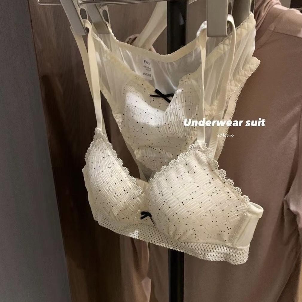 koala69 Tanpa kabel, set bra polkadot renda gaya manis girly yang nyaman