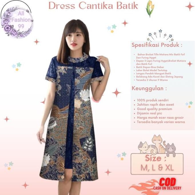 Alf-Dress Cantika Girl Midi Model Terbaru Matt Batik Kombinasi Brokat Mutiara Modern Elegant Cocok U