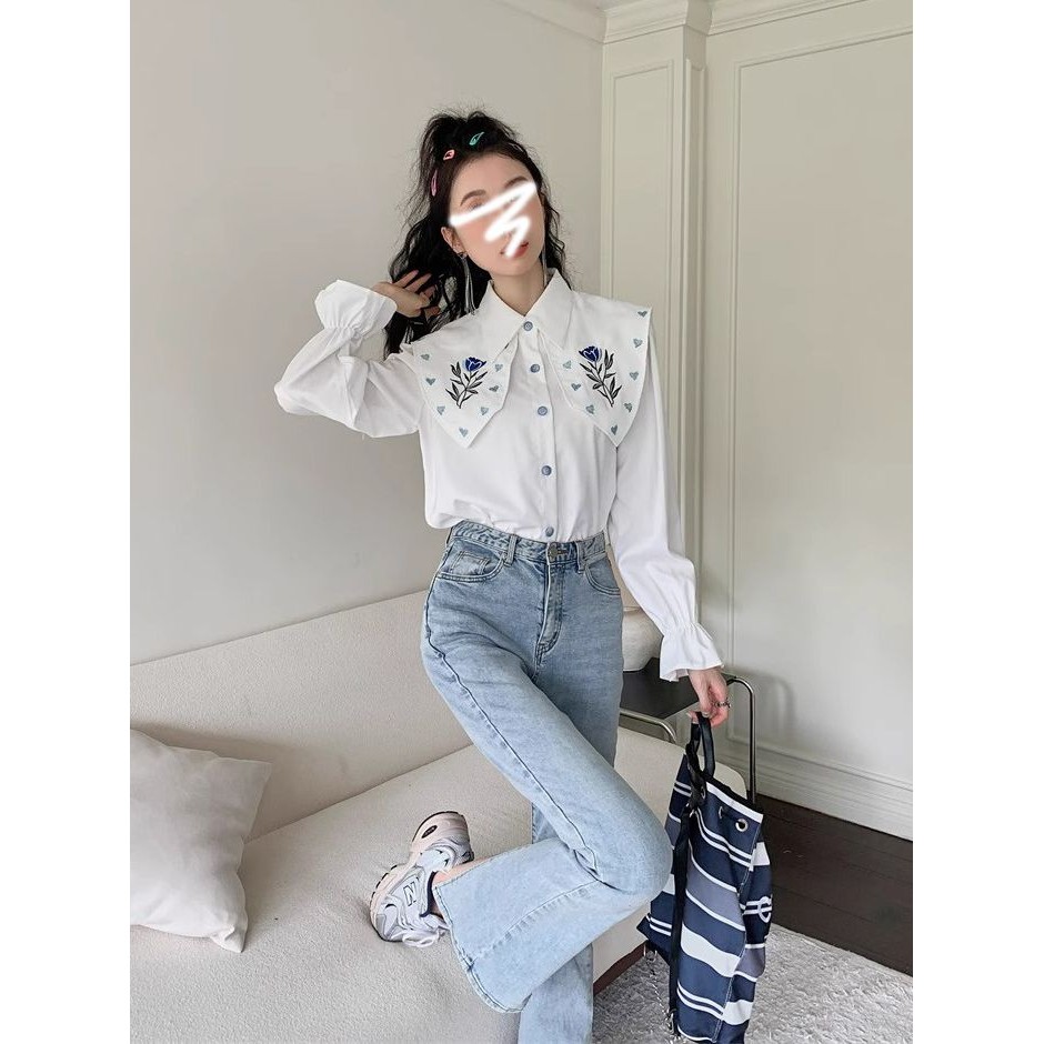 Blus putih kerah besar bordir gaya baru untuk wanita