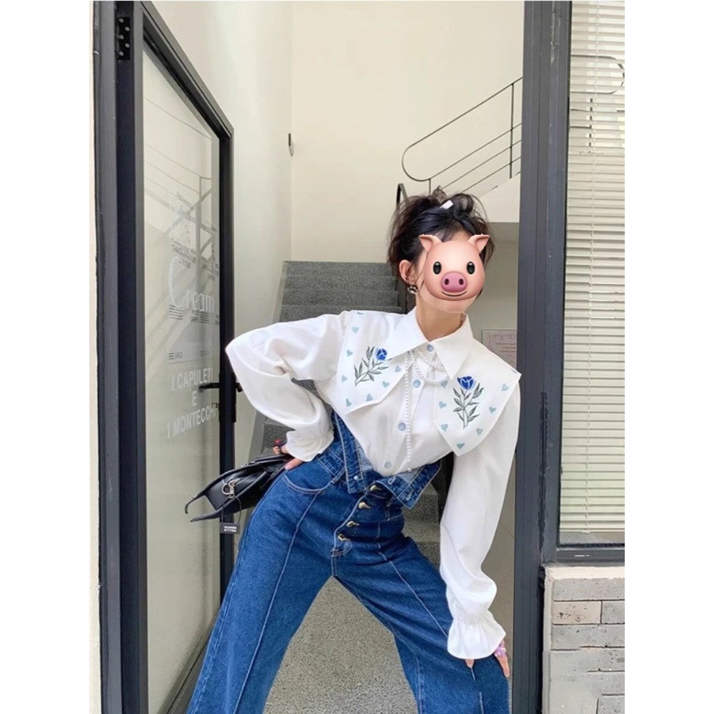 Kemeja Lengan Mengembang Kerah Besar Bordir Vintage