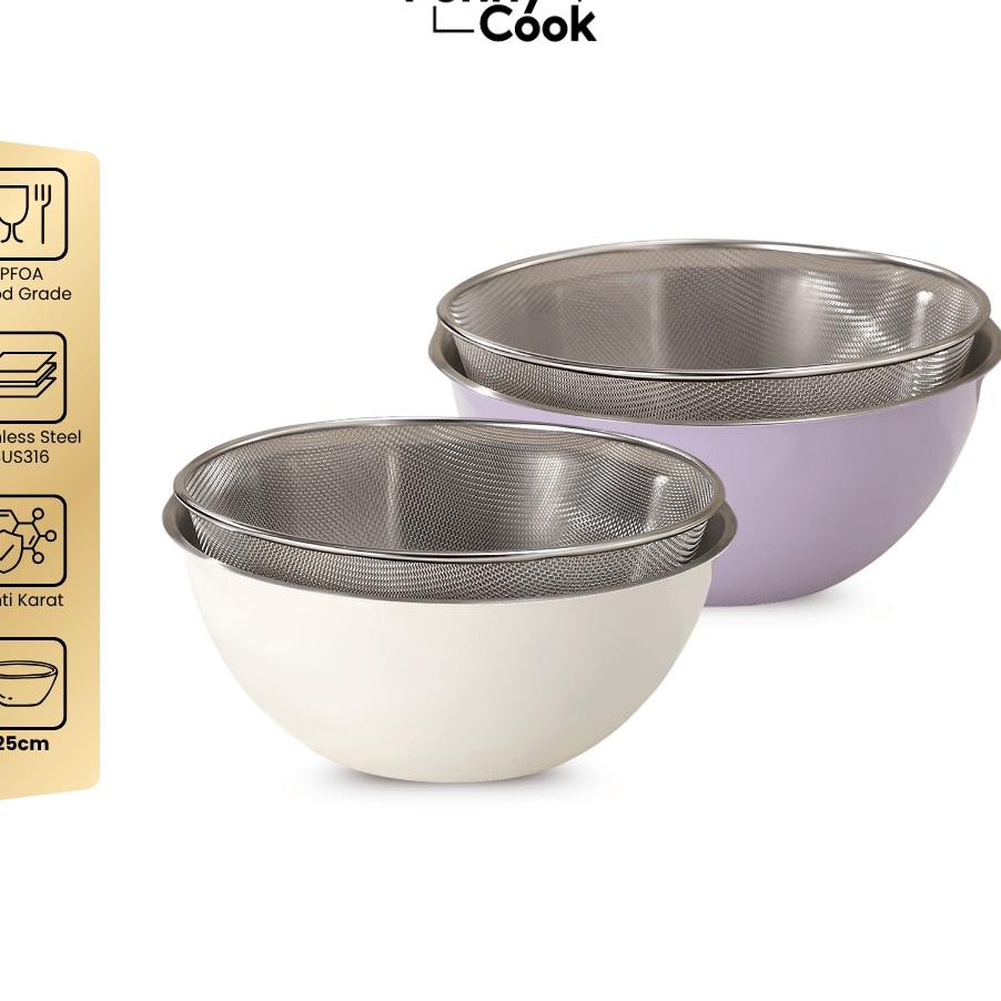 Funnycook Set Baskom Dan Saringan Stainless Steel 316 25Cm Anti Karat Tahan Panas Aman Untuk Makanan
