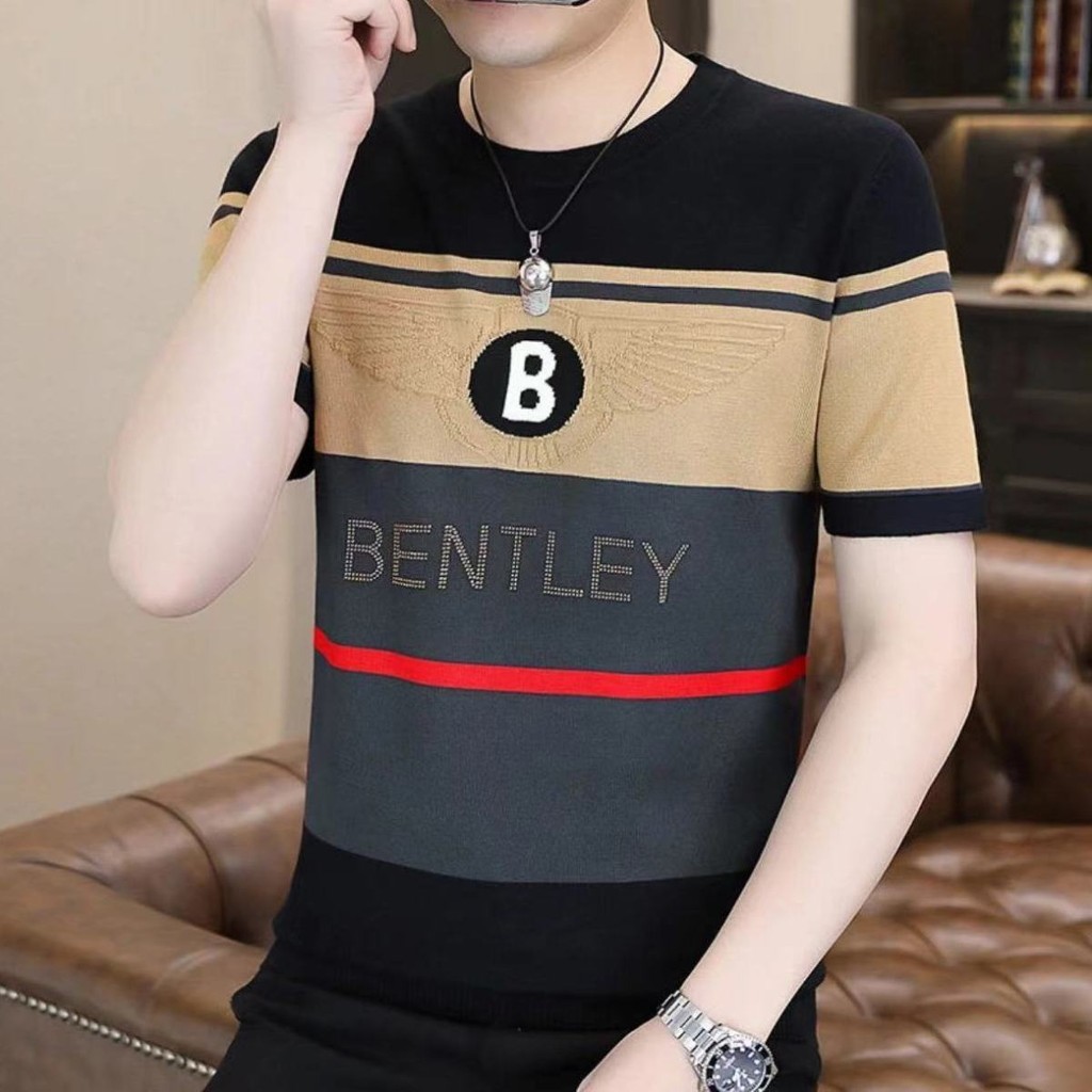Kaos rajut pria lengan pendek bergaris