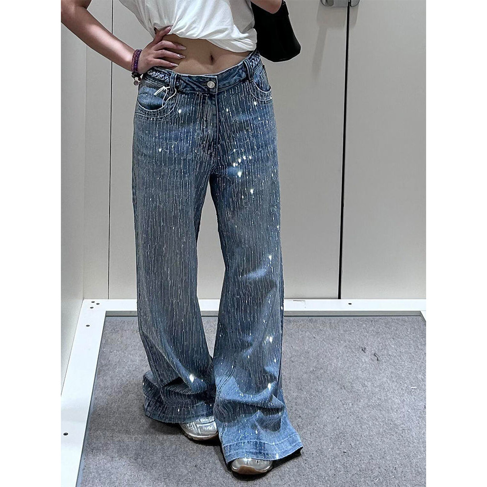 [Cream Winnie] Celana jeans tambal sulam berlian panas longgar