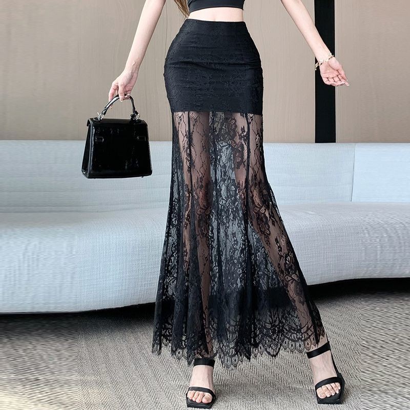 Rok Setengah Hitam Renda Jala Patchwork Mewah untuk Wanita Rok Panjang Mermaid Pinggang Tinggi Baru