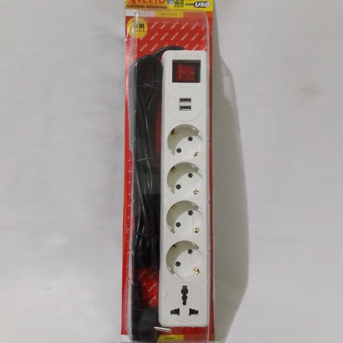 TERBARU - Stop Kontak 4 Lubang+2 Colokan USB+1 Colokan Kaki 3+ Kabel 3m VETTO