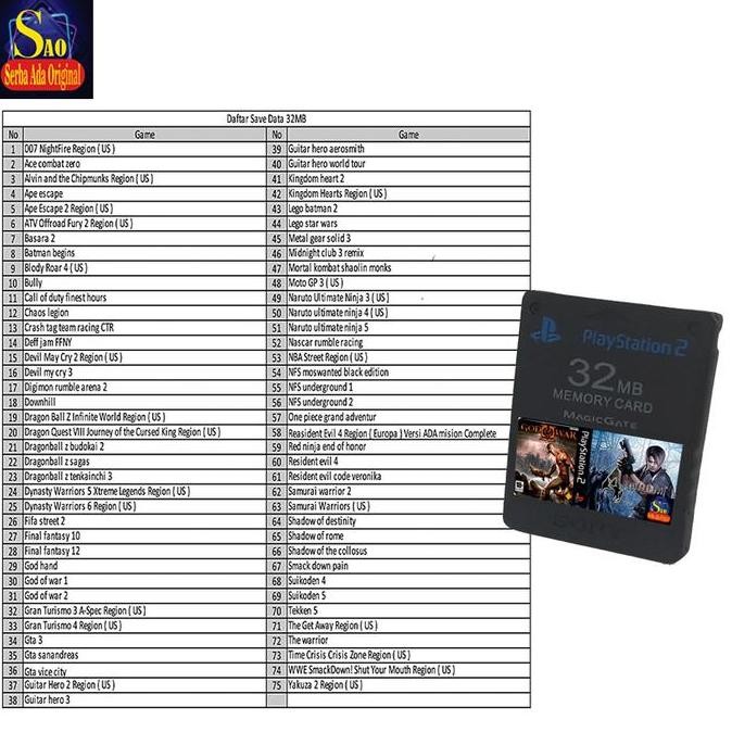 Memory Ps2 Sudah Isi 51 Save data Games Tamat