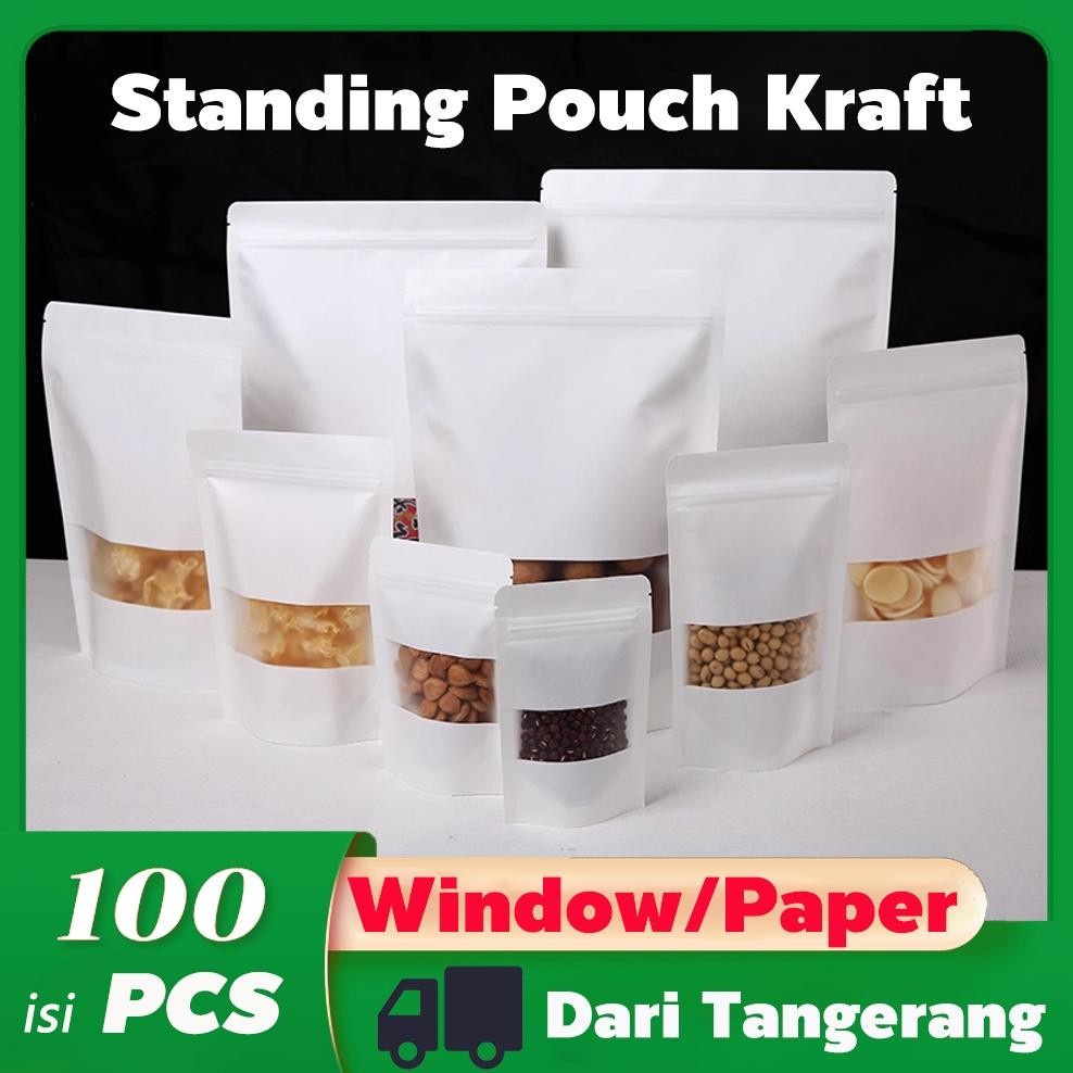 100PCS STANDING POUCH KRAFT WINDOW Plastik Klip Makanan Kemasan Snack Ziplock Food Grade Zipper Bag 