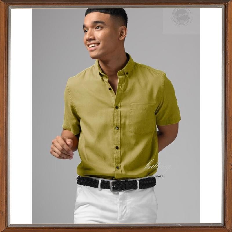 Diskon kemeja pria polos lengan pendek hijau lemon hijau wardah kuning wardah PYZ-24